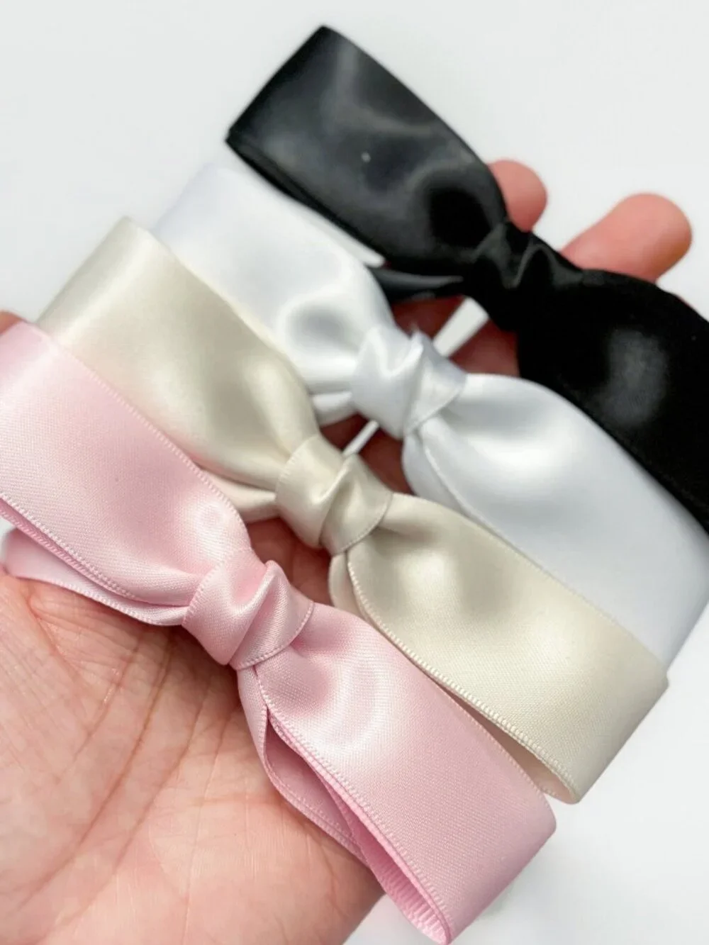 Clip In Satin Bow Hair Barrette 8 Piece Set Black Pink White Ivory Cream